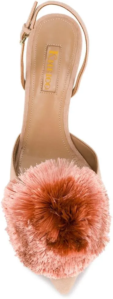 Divanne Pumps for Women, Low Heel Sandals Puff Pompom Slingback Pumps Pointed Toe Kitten Heels Evening Party Wedding Shoe