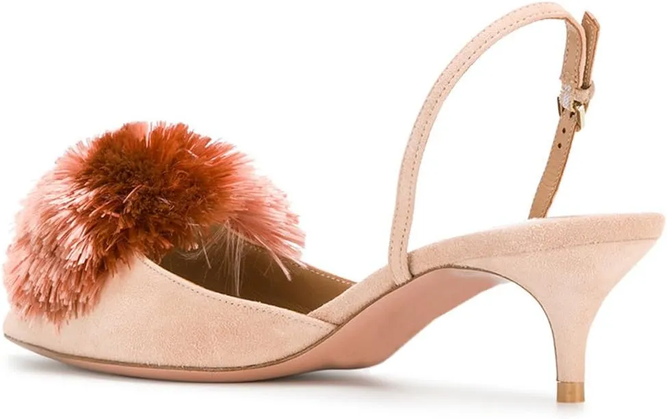 Divanne Pumps for Women, Low Heel Sandals Puff Pompom Slingback Pumps Pointed Toe Kitten Heels Evening Party Wedding Shoe