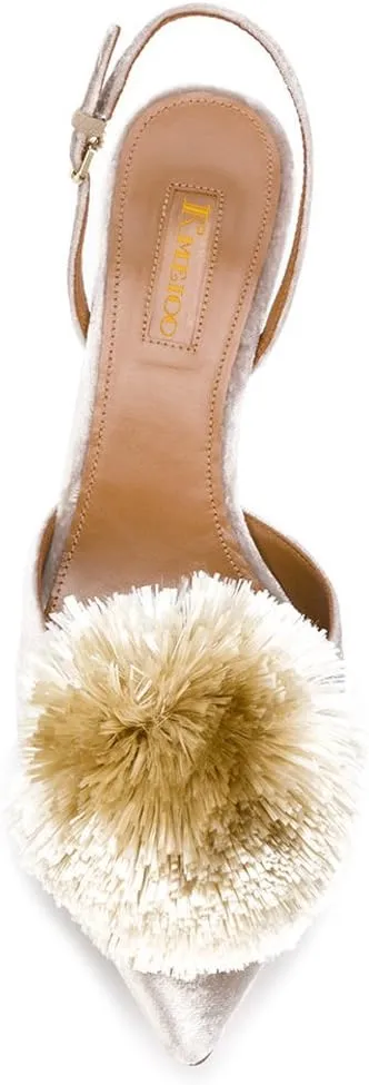 Divanne Pumps for Women, Low Heel Sandals Puff Pompom Slingback Pumps Pointed Toe Kitten Heels Evening Party Wedding Shoe