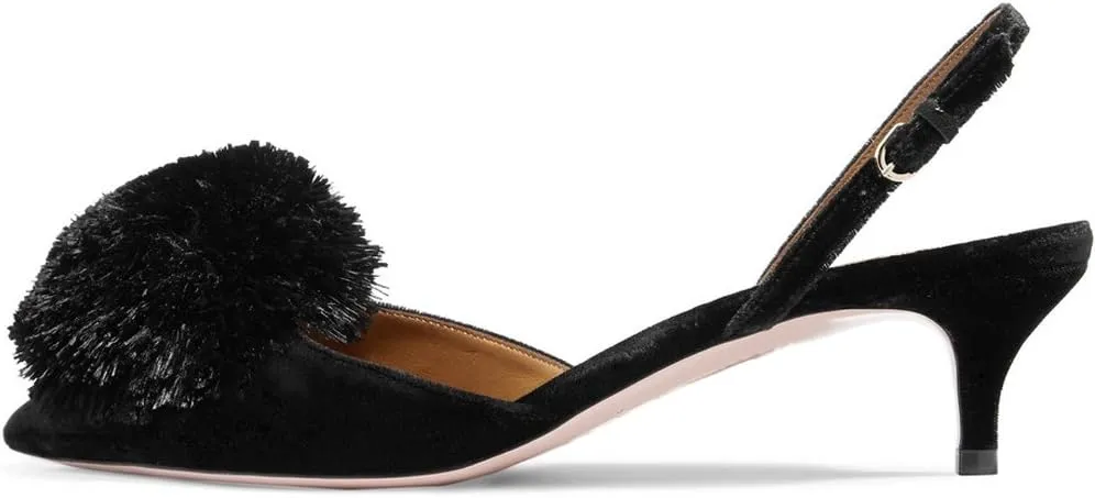 Divanne Pumps for Women, Low Heel Sandals Puff Pompom Slingback Pumps Pointed Toe Kitten Heels Evening Party Wedding Shoe