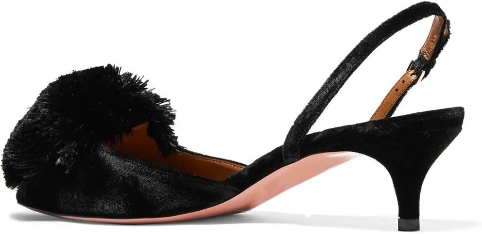 Divanne Pumps for Women, Low Heel Sandals Puff Pompom Slingback Pumps Pointed Toe Kitten Heels Evening Party Wedding Shoe