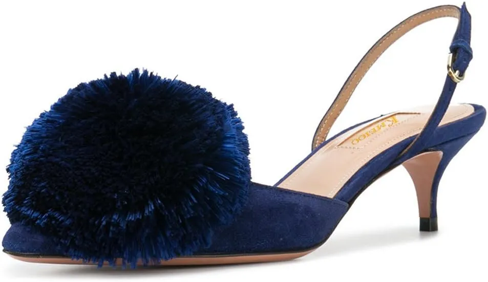 Divanne Pumps for Women, Low Heel Sandals Puff Pompom Slingback Pumps Pointed Toe Kitten Heels Evening Party Wedding Shoe