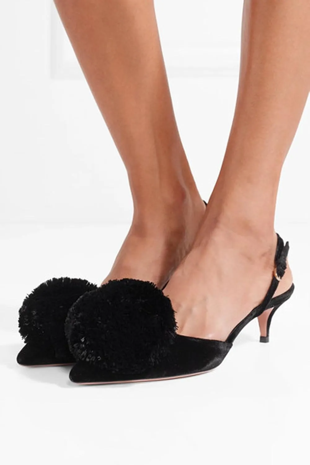 Divanne Pumps for Women, Low Heel Sandals Puff Pompom Slingback Pumps Pointed Toe Kitten Heels Evening Party Wedding Shoe