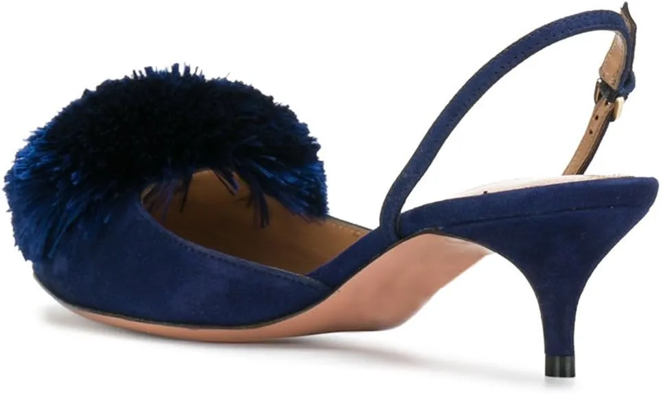 Divanne Pumps for Women, Low Heel Sandals Puff Pompom Slingback Pumps Pointed Toe Kitten Heels Evening Party Wedding Shoe