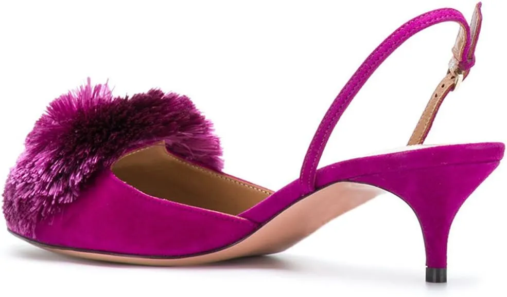 Divanne Pumps for Women, Low Heel Sandals Puff Pompom Slingback Pumps Pointed Toe Kitten Heels Evening Party Wedding Shoe