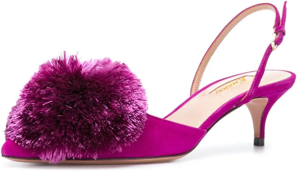 Divanne Pumps for Women, Low Heel Sandals Puff Pompom Slingback Pumps Pointed Toe Kitten Heels Evening Party Wedding Shoe