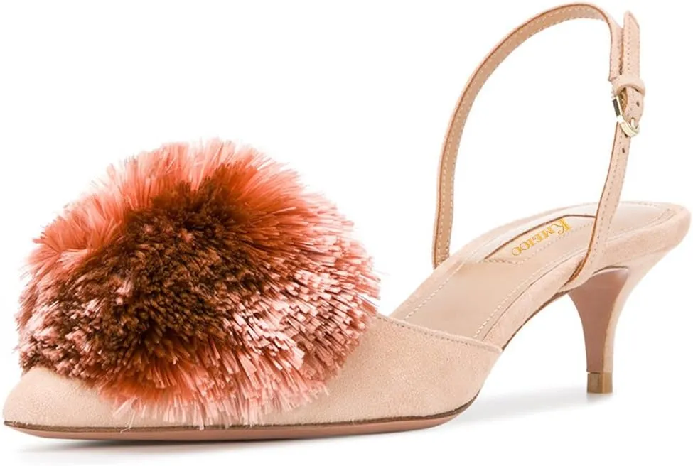 Divanne Pumps for Women, Low Heel Sandals Puff Pompom Slingback Pumps Pointed Toe Kitten Heels Evening Party Wedding Shoe