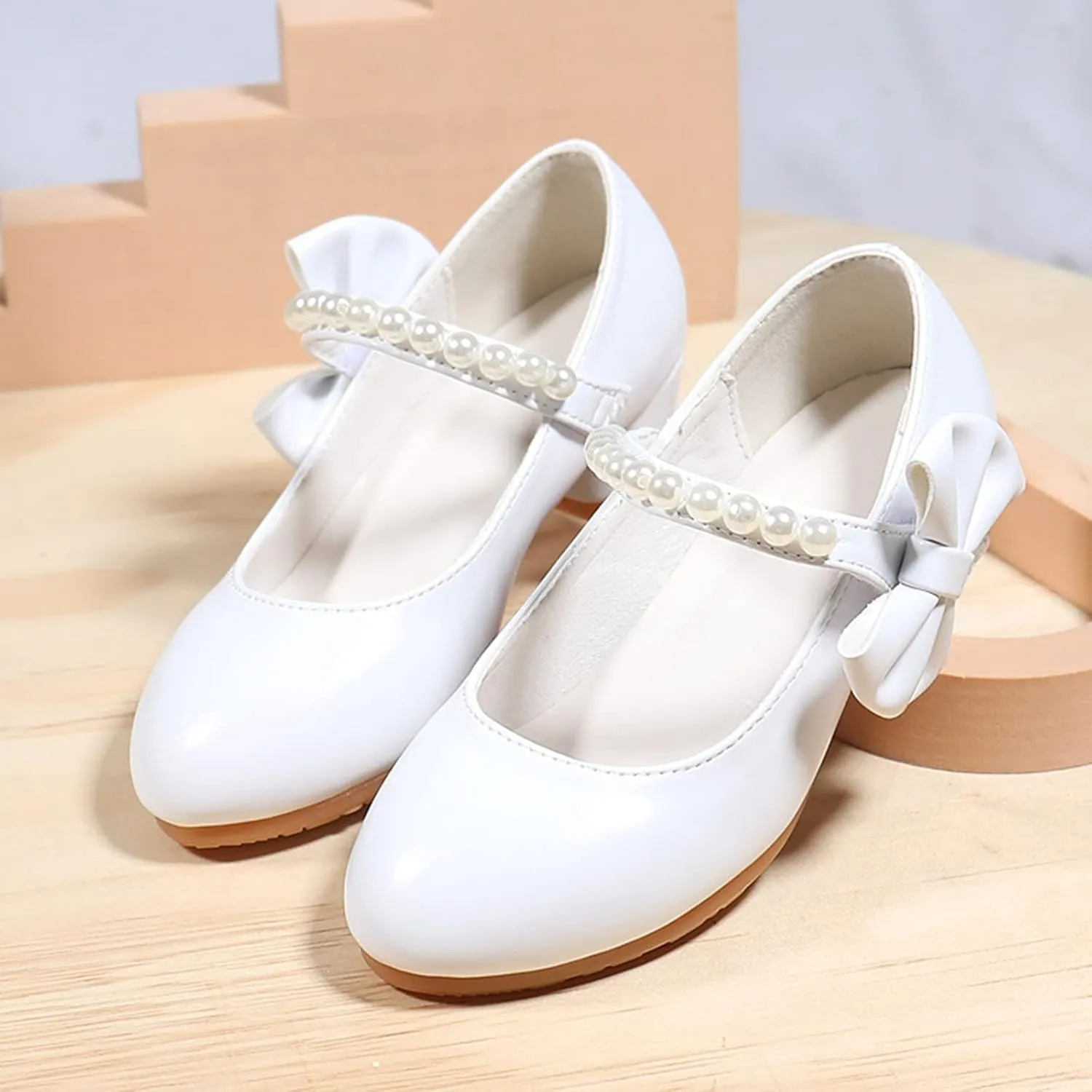 Dress Shoes Girls Beads Mary Jane Heels Adorable Pumps Bow Ballerina Flat Anti Slip Walking Party Dress Shoes