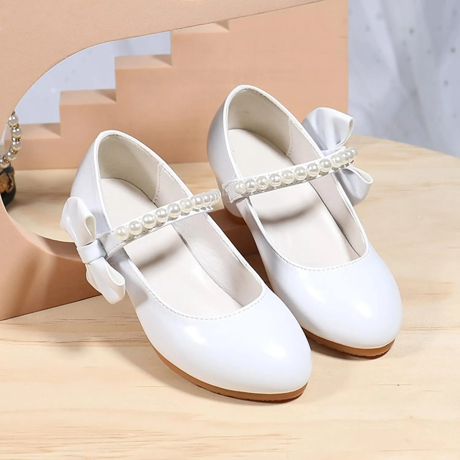 Dress Shoes Girls Beads Mary Jane Heels Adorable Pumps Bow Ballerina Flat Anti Slip Walking Party Dress Shoes