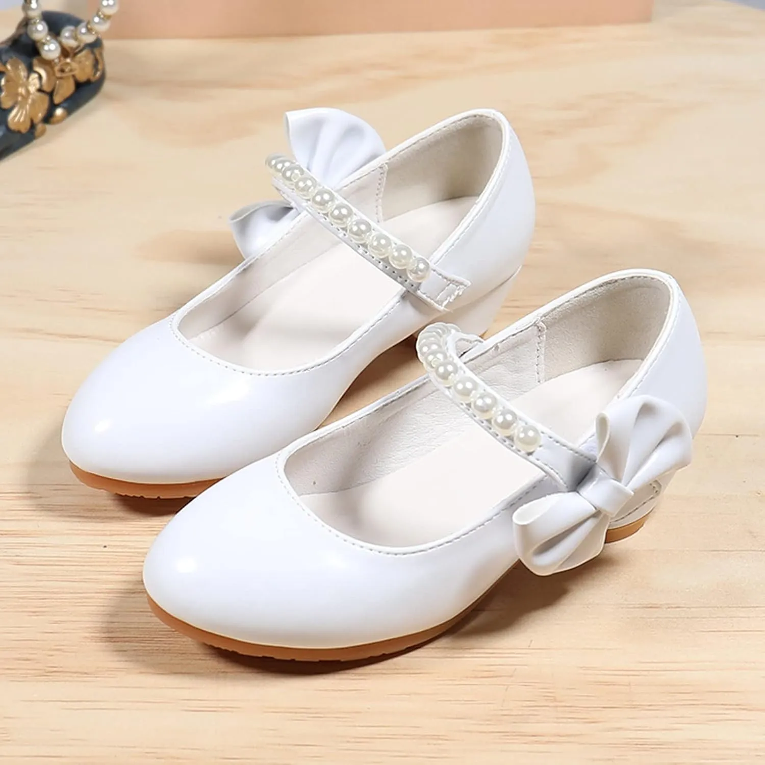 Dress Shoes Girls Beads Mary Jane Heels Adorable Pumps Bow Ballerina Flat Anti Slip Walking Party Dress Shoes