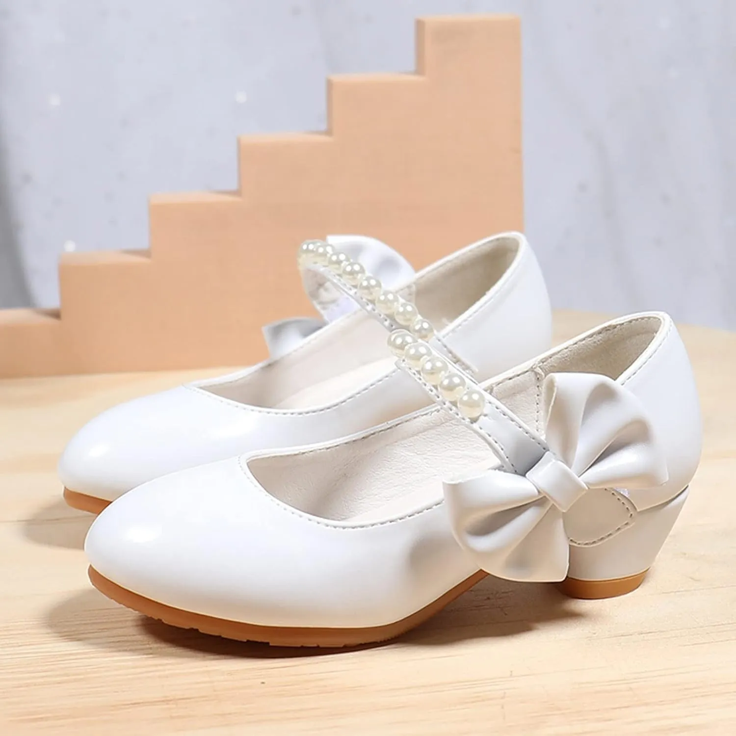 Dress Shoes Girls Beads Mary Jane Heels Adorable Pumps Bow Ballerina Flat Anti Slip Walking Party Dress Shoes