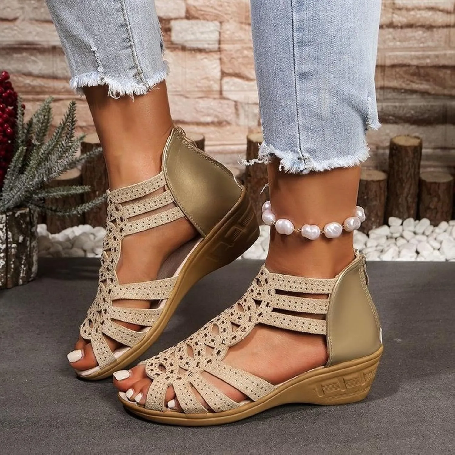 Eduavar Sandals for Women Dressy, Orthopedic Sandals for Women Low Wedge Sandals Cutout Zip Up Crystal Sandals Shoes