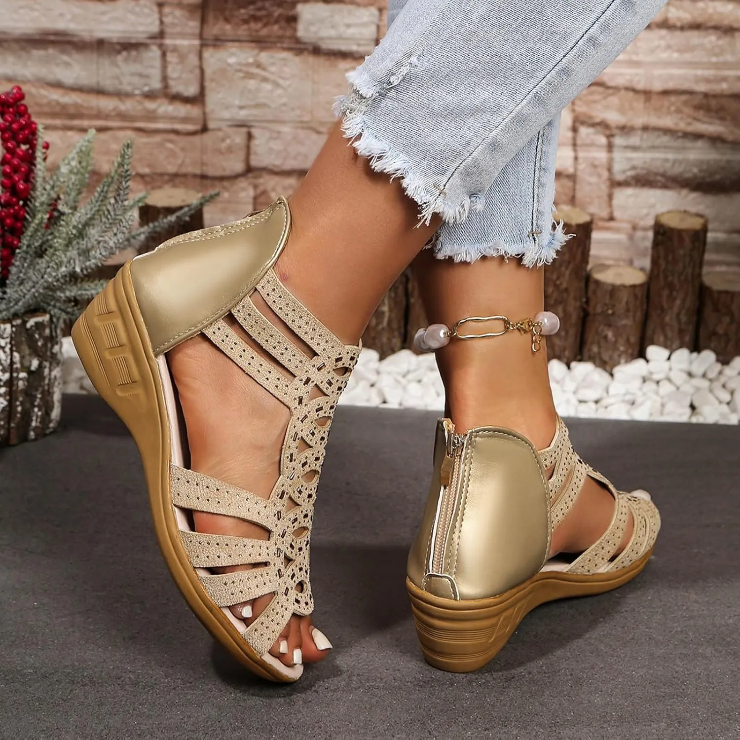 Eduavar Sandals for Women Dressy, Orthopedic Sandals for Women Low Wedge Sandals Cutout Zip Up Crystal Sandals Shoes