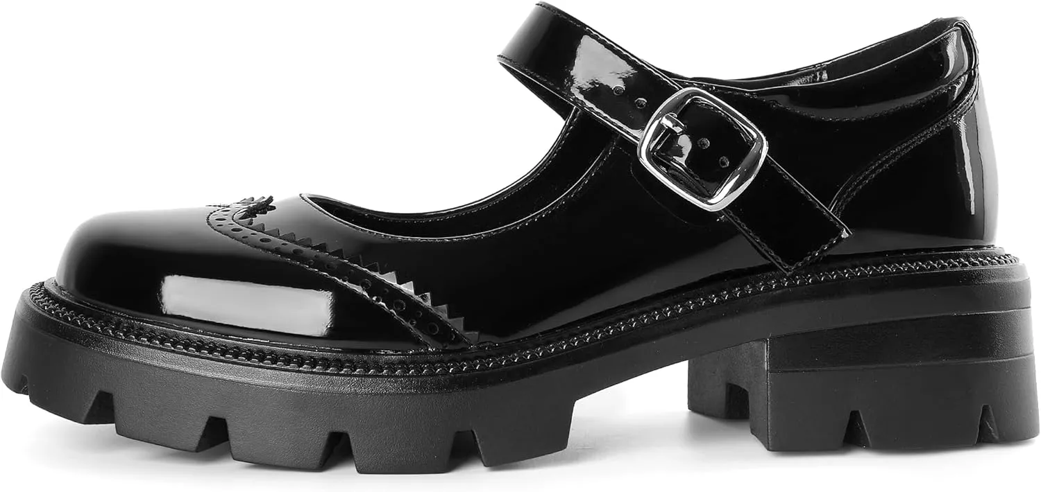 Eldof Women's Mary Jane Shoes Platform Lug Sole Low Heel Chunky Pumps Round Toe Ankle Strap Oxfords Dress Shoes for Uniform Graduation School Work 2 Inches