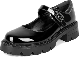 Eldof Women's Mary Jane Shoes Platform Lug Sole Low Heel Chunky Pumps Round Toe Ankle Strap Oxfords Dress Shoes for Uniform Graduation School Work 2 Inches