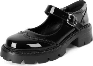 Eldof Women's Mary Jane Shoes Platform Lug Sole Low Heel Chunky Pumps Round Toe Ankle Strap Oxfords Dress Shoes for Uniform Graduation School Work 2 Inches