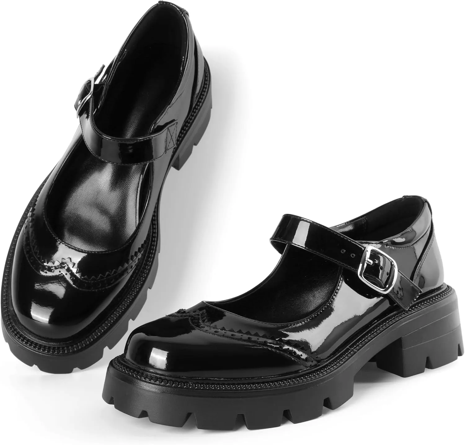 Eldof Women's Mary Jane Shoes Platform Lug Sole Low Heel Chunky Pumps Round Toe Ankle Strap Oxfords Dress Shoes for Uniform Graduation School Work 2 Inches