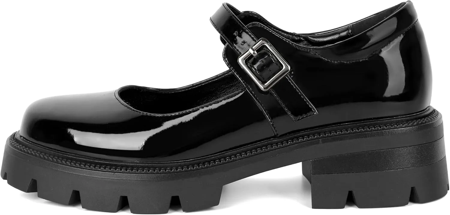Eldof Women's Mary Jane Shoes Platform Lug Sole Low Heel Chunky Pumps Round Toe Ankle Strap Oxfords Dress Shoes for Uniform Graduation School Work 2 Inches