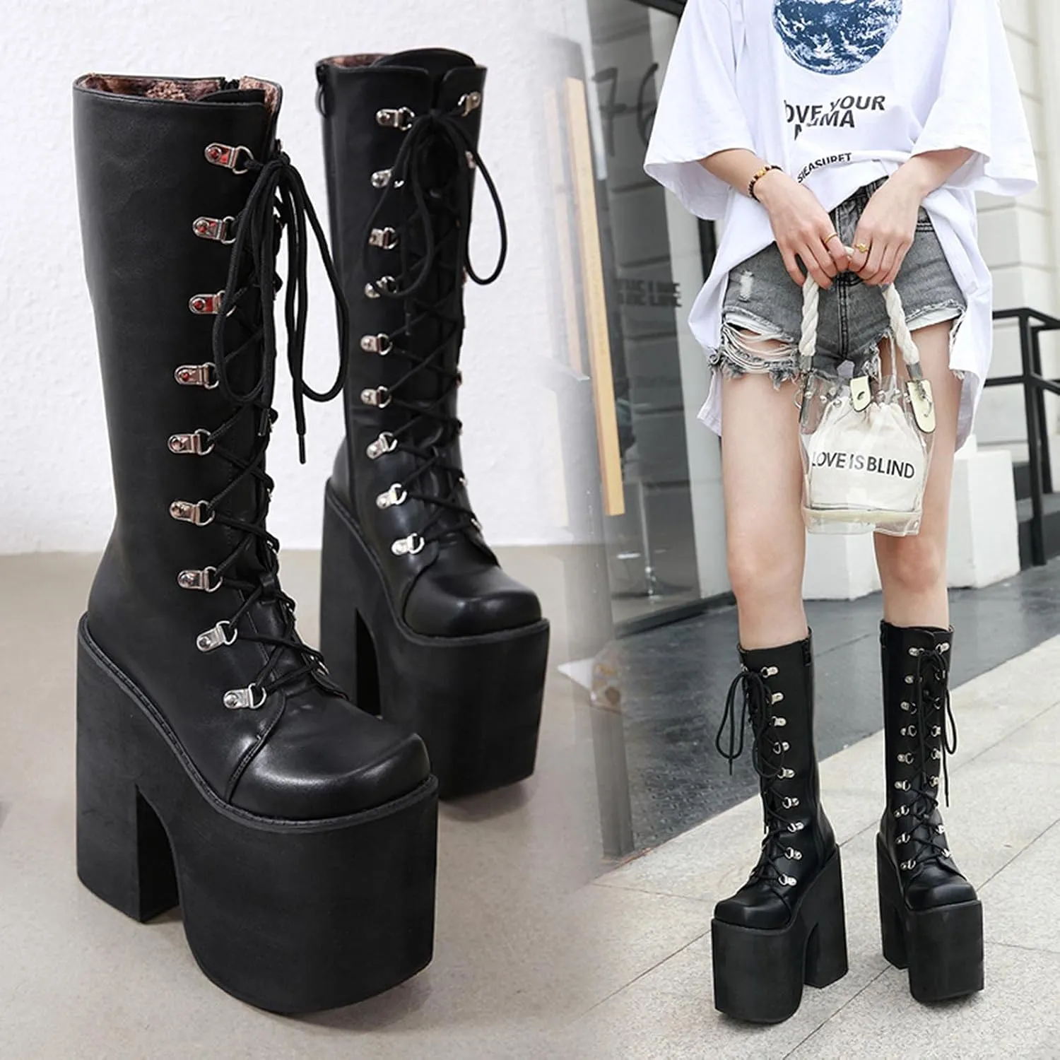 Erocalli Women Gothic Platform Boots Black Chains Punk Chunky Combat Chunky Block High Heel Goth Ankle Booties