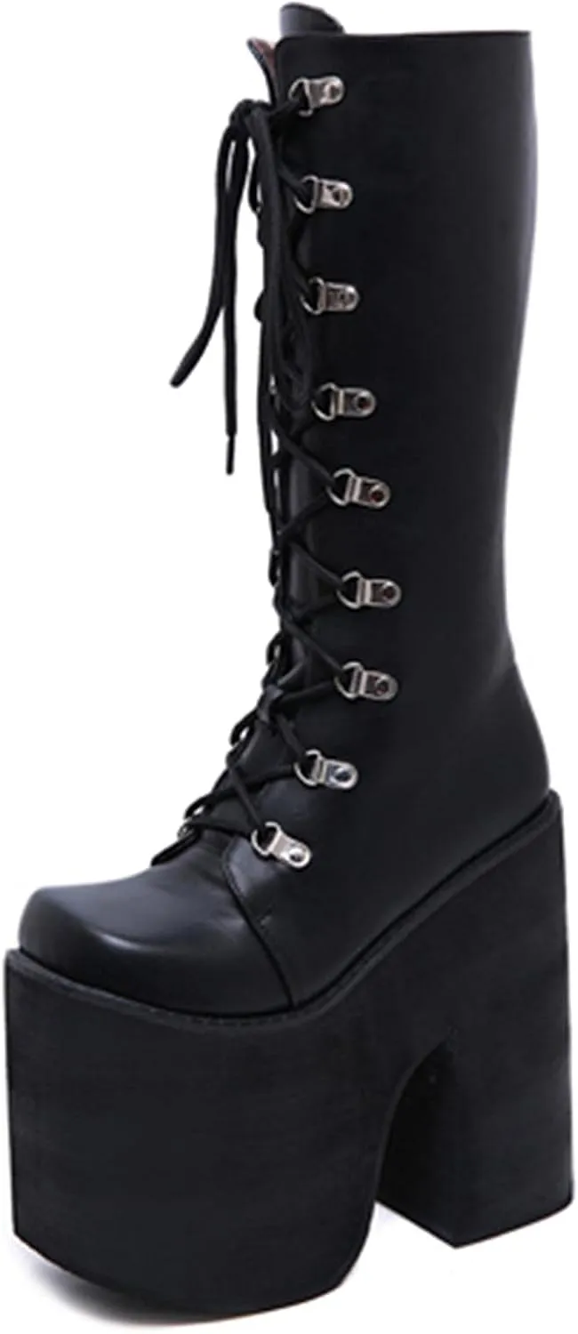Erocalli Women Gothic Platform Boots Black Chains Punk Chunky Combat Chunky Block High Heel Goth Ankle Booties