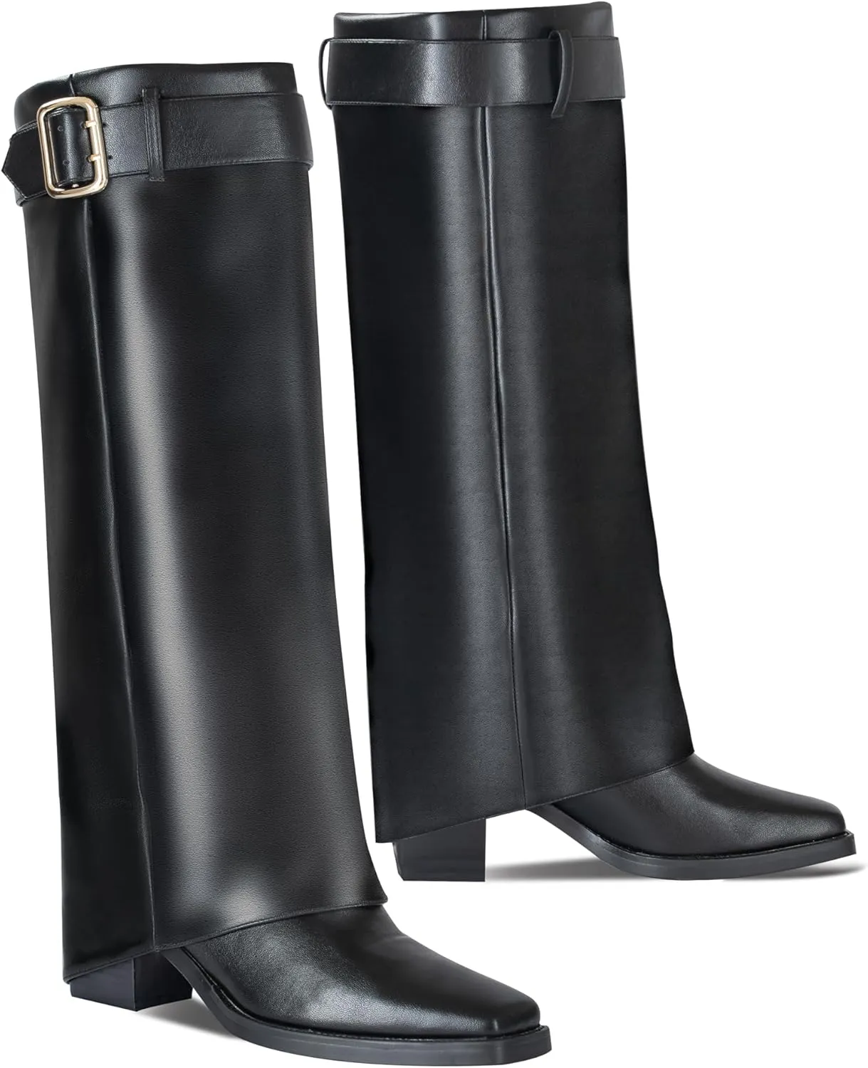 Fold Over Knee High Boots for Women,Boots for Women Knee High Wide Calf,Chunky High Heels Long Boots,2.8-in Pull on Square Toe Metal Buckle Tall Boots for Women,Below Knee Boots Faux Leather