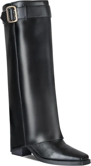 Fold Over Knee High Boots for Women,Boots for Women Knee High Wide Calf,Chunky High Heels Long Boots,2.8-in Pull on Square Toe Metal Buckle Tall Boots for Women,Below Knee Boots Faux Leather