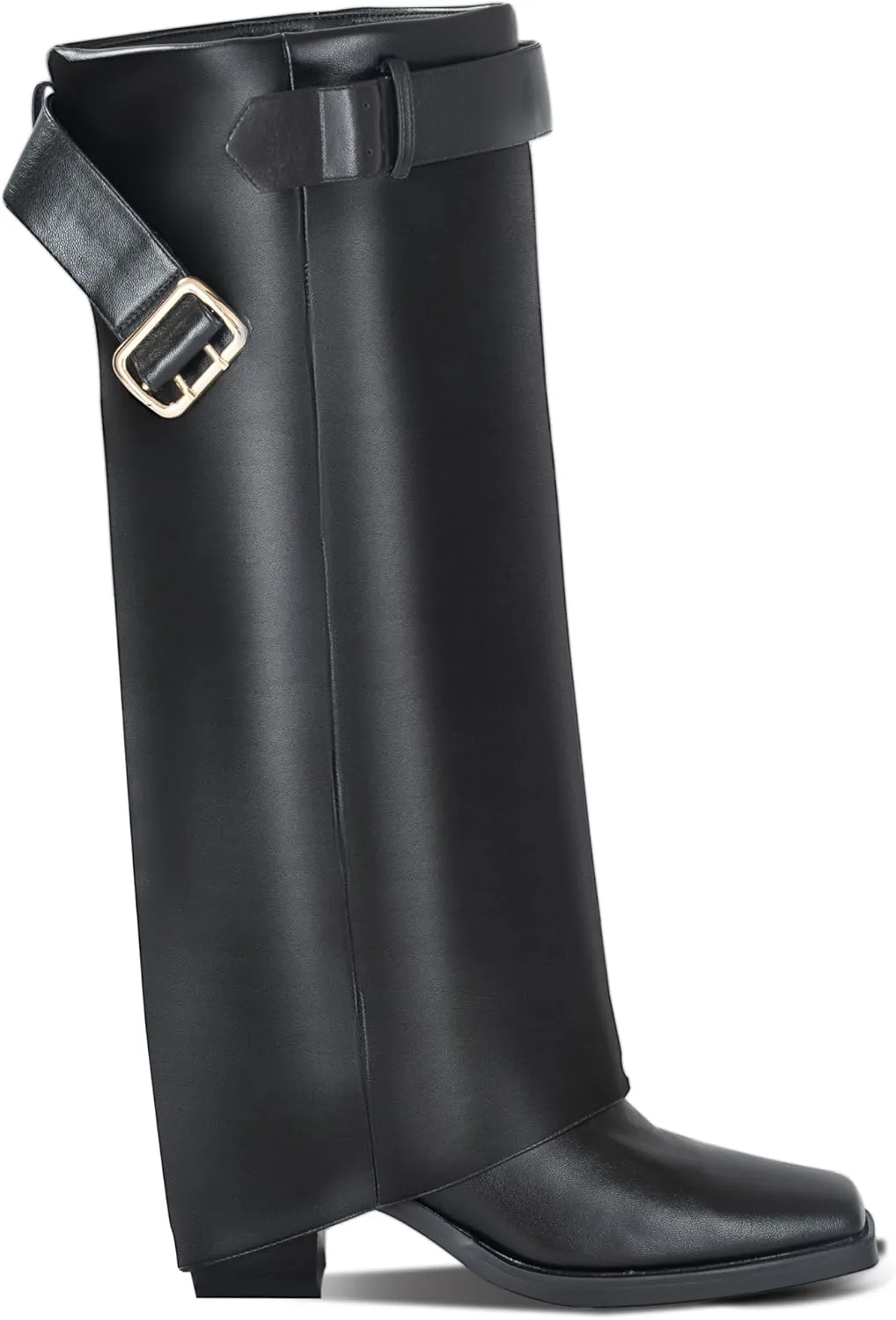 Fold Over Knee High Boots for Women,Boots for Women Knee High Wide Calf,Chunky High Heels Long Boots,2.8-in Pull on Square Toe Metal Buckle Tall Boots for Women,Below Knee Boots Faux Leather