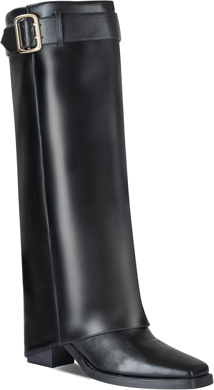 Fold Over Knee High Boots for Women,Boots for Women Knee High Wide Calf,Chunky High Heels Long Boots,2.8-in Pull on Square Toe Metal Buckle Tall Boots for Women,Below Knee Boots Faux Leather