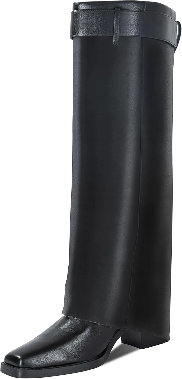 Fold Over Knee High Boots for Women,Boots for Women Knee High Wide Calf,Chunky High Heels Long Boots,2.8-in Pull on Square Toe Metal Buckle Tall Boots for Women,Below Knee Boots Faux Leather