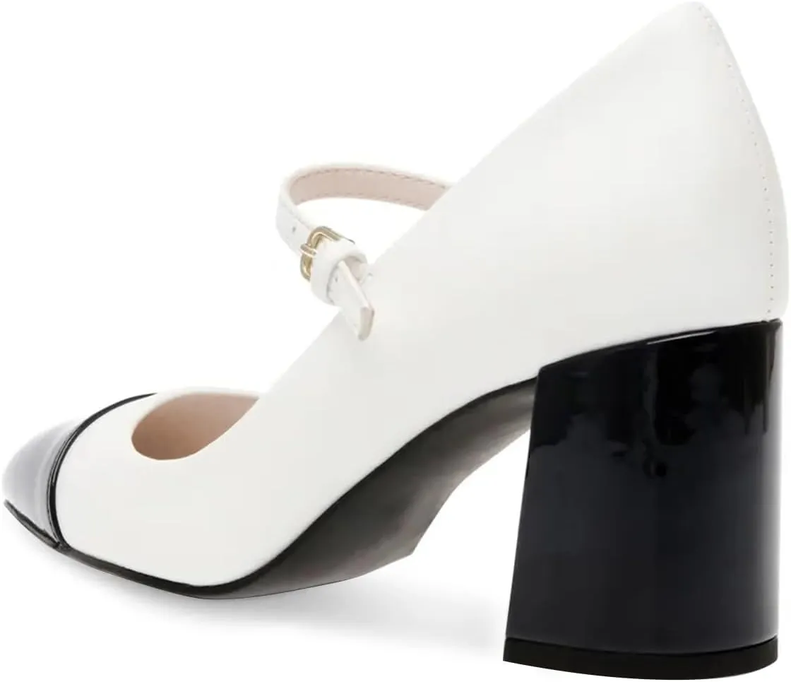 FOWT Women Pointed Cap Toe Ankle Strap Pumps Two Toned Block Mid Heel Mary Janes Cute Daily Office Parties Dress Shoes Size 4-16 US