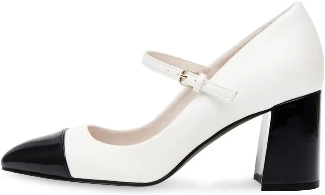 FOWT Women Pointed Cap Toe Ankle Strap Pumps Two Toned Block Mid Heel Mary Janes Cute Daily Office Parties Dress Shoes Size 4-16 US