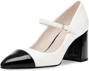 FOWT Women Pointed Cap Toe Ankle Strap Pumps Two Toned Block Mid Heel Mary Janes Cute Daily Office Parties Dress Shoes Size 4-16 US