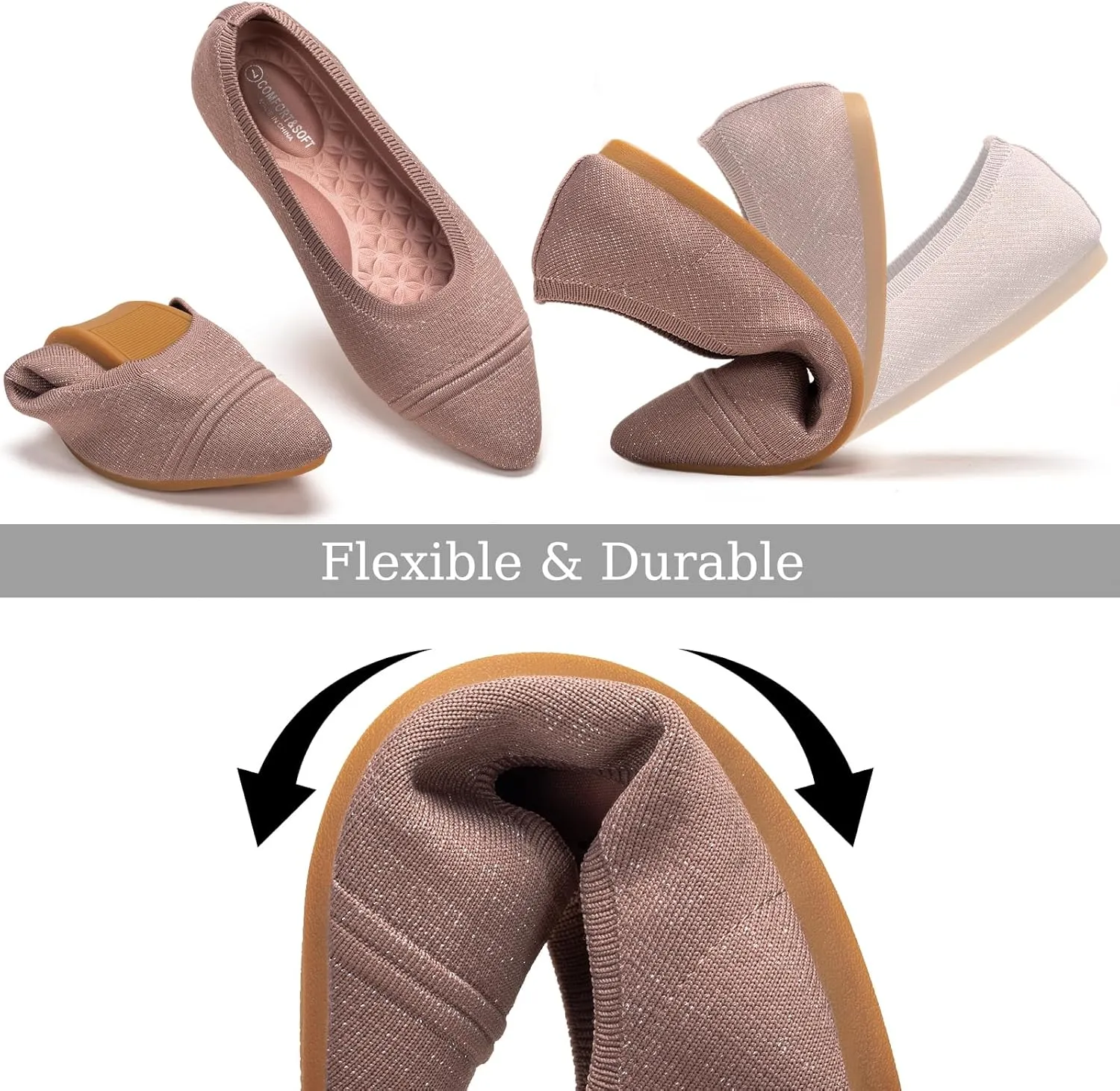 Frank Mully Women's Pointed Toe Flats Slip On Flat Knit Ballet Flats Shoes Women Dressy Comfortable Work Flats Office Shoes