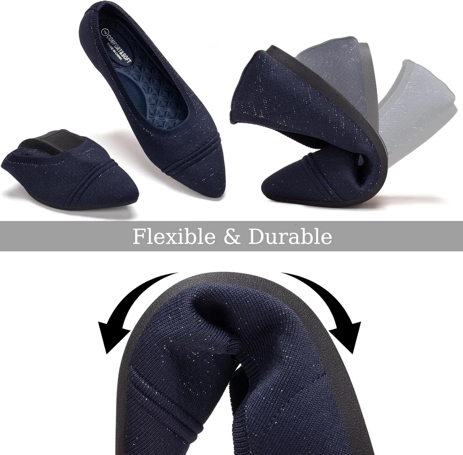 Frank Mully Women's Pointed Toe Flats Slip On Flat Knit Ballet Flats Shoes Women Dressy Comfortable Work Flats Office Shoes