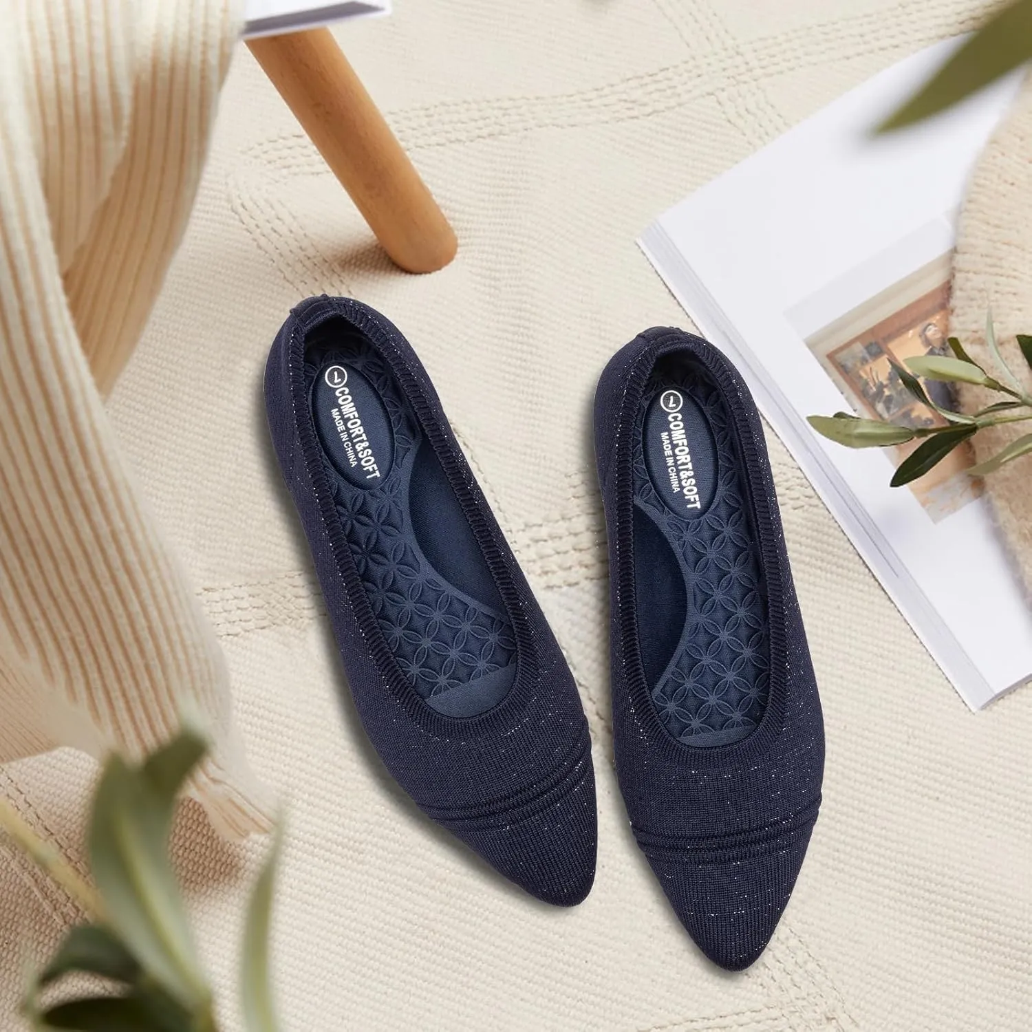 Frank Mully Women's Pointed Toe Flats Slip On Flat Knit Ballet Flats Shoes Women Dressy Comfortable Work Flats Office Shoes