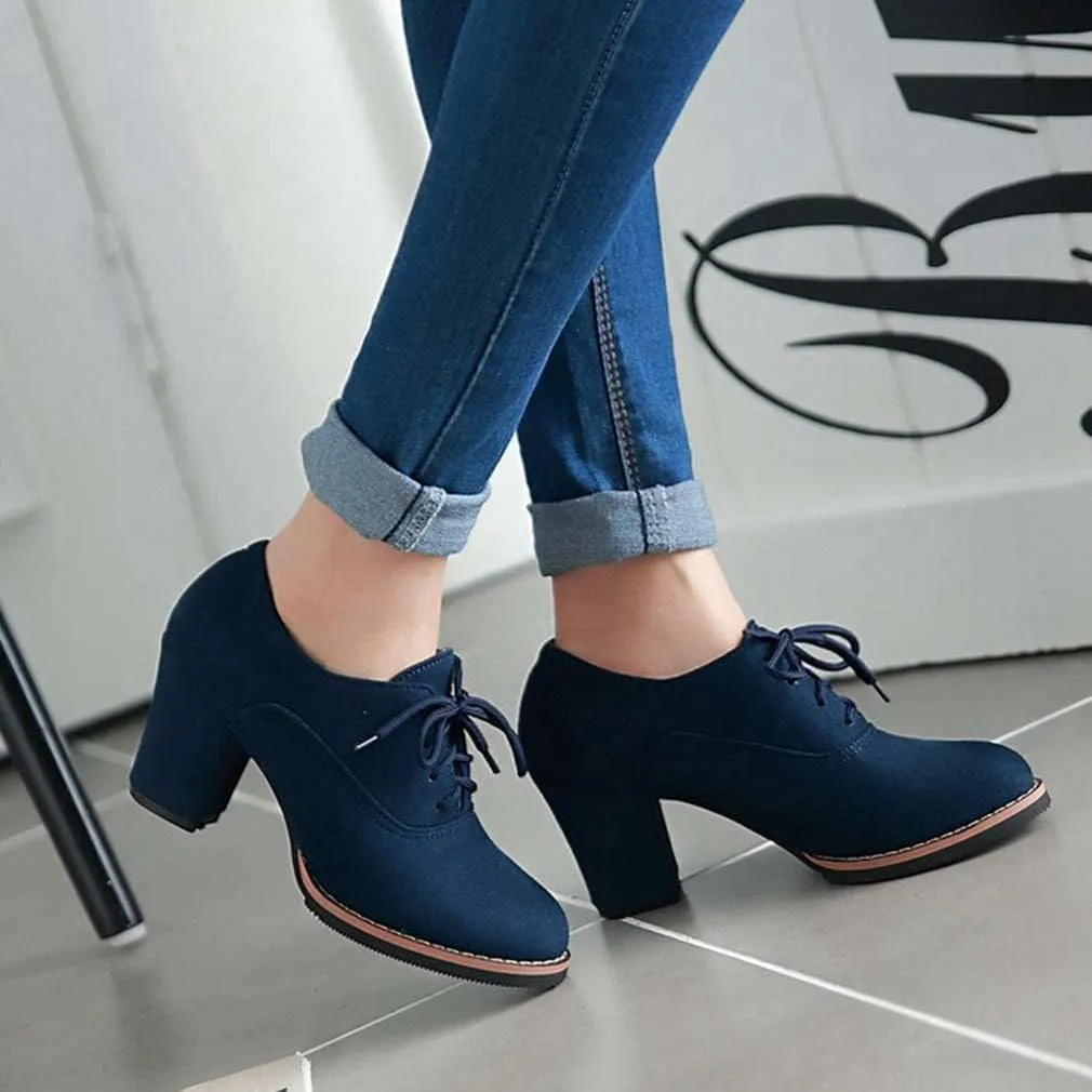 Generic Womens Block Heel Pumps Comfort Oxfords Shoes Suede Lace up Dress Shoes Chunky Mid Heels Ankle Boots