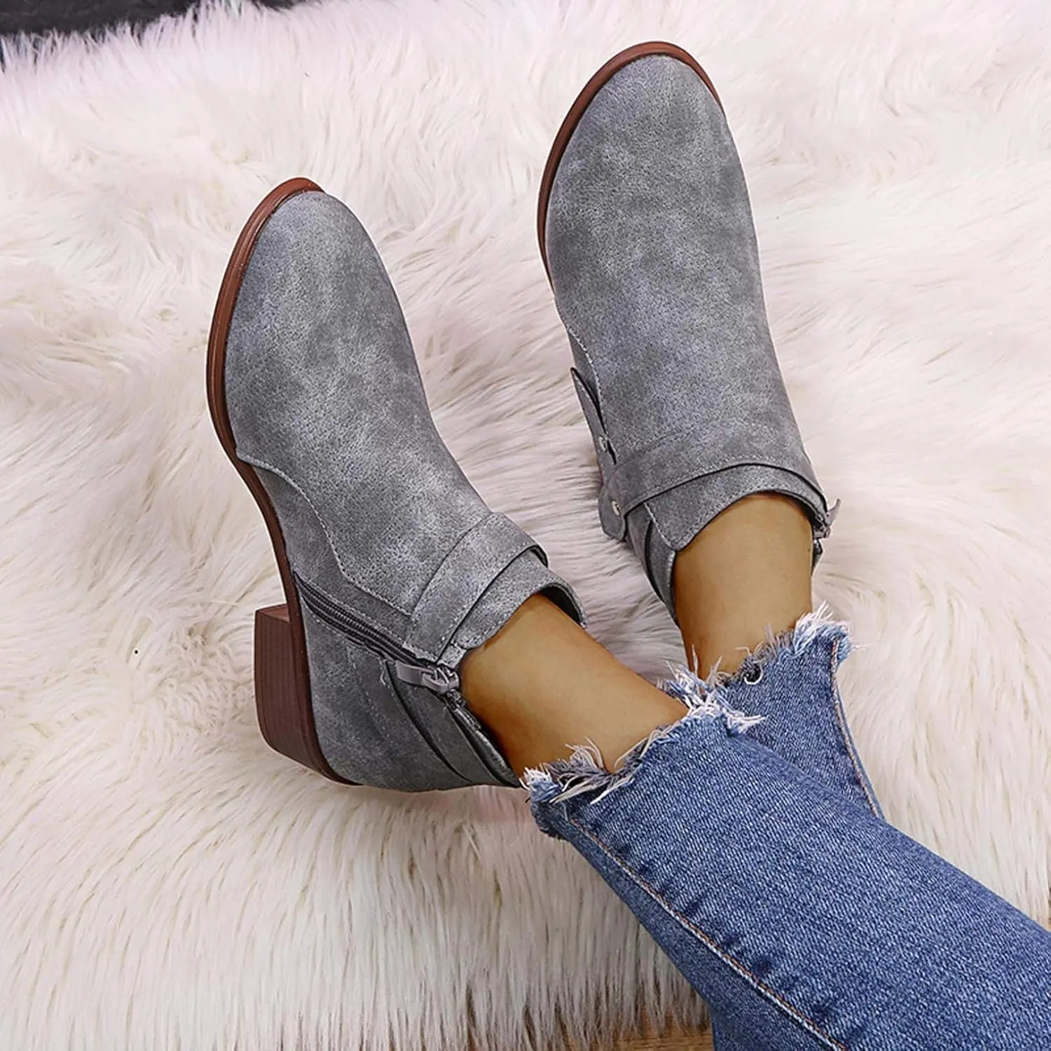 Gibobby Ankle Booties for Women Flat Heel,Women's Round Toe Faux Suede Stacked Heel Side Zipper Western Shoes Ankle Boots