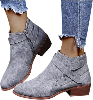 Gibobby Ankle Booties for Women Flat Heel,Women's Round Toe Faux Suede Stacked Heel Side Zipper Western Shoes Ankle Boots