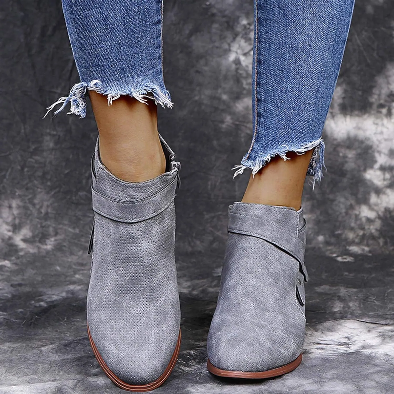Gibobby Ankle Booties for Women Flat Heel,Women's Round Toe Faux Suede Stacked Heel Side Zipper Western Shoes Ankle Boots