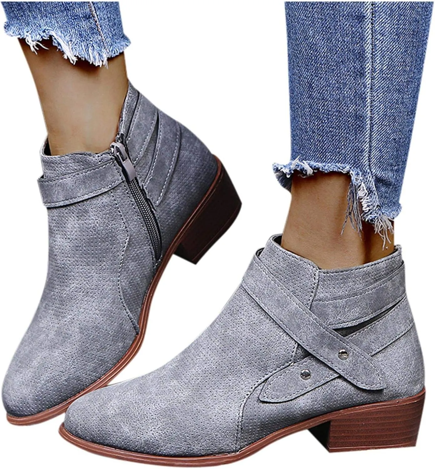 Gibobby Ankle Booties for Women Flat Heel,Women's Round Toe Faux Suede Stacked Heel Side Zipper Western Shoes Ankle Boots