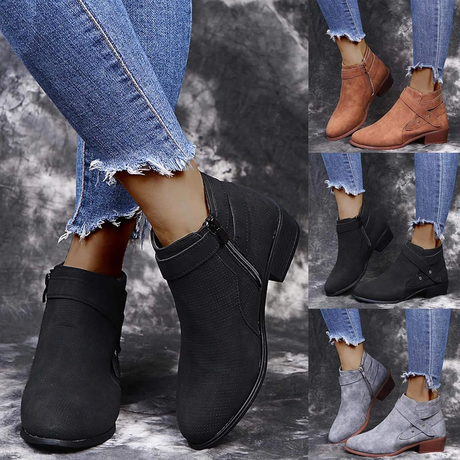 Gibobby Ankle Booties for Women Flat Heel,Women's Round Toe Faux Suede Stacked Heel Side Zipper Western Shoes Ankle Boots