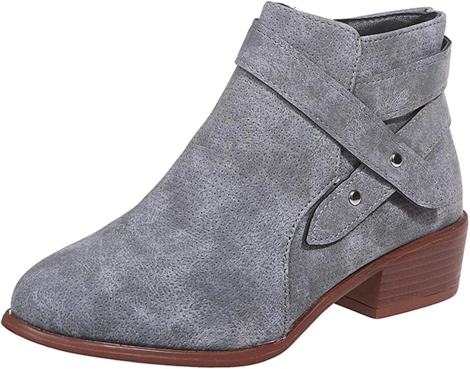 Gibobby Ankle Booties for Women Flat Heel,Women's Round Toe Faux Suede Stacked Heel Side Zipper Western Shoes Ankle Boots