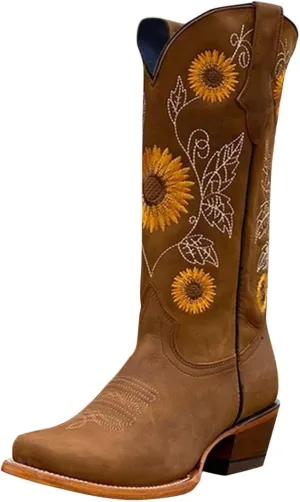 Gibobby Booties for Women Embroidered Boots Sunflower Print Mid Calf Chunky Heel Boots Western Cowgirl Boots Cowboy Boots