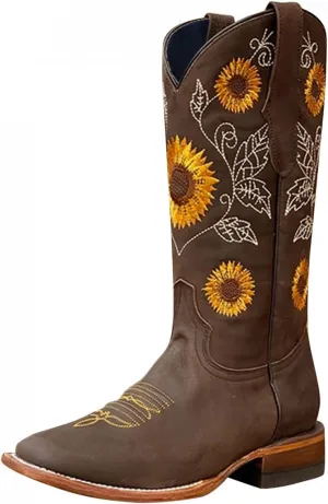Gibobby Booties for Women Embroidered Boots Sunflower Print Mid Calf Chunky Heel Boots Western Cowgirl Boots Cowboy Boots