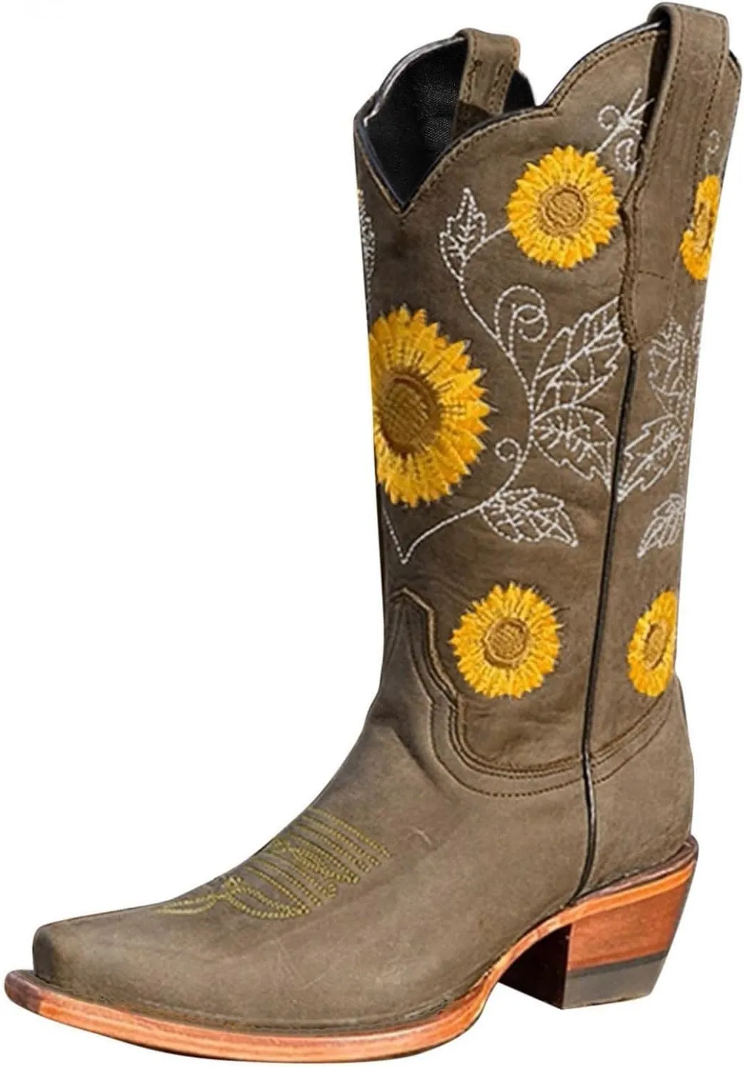 Gibobby Booties for Women Embroidered Boots Sunflower Print Mid Calf Chunky Heel Boots Western Cowgirl Boots Cowboy Boots