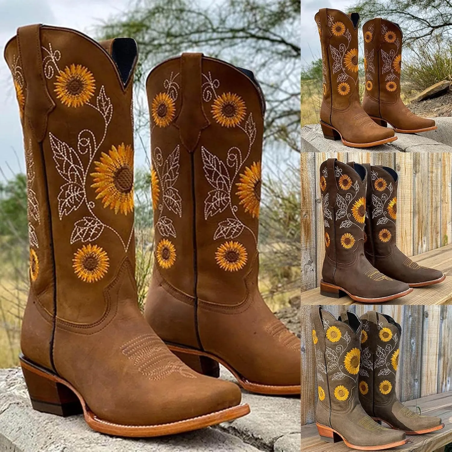 Gibobby Booties for Women Embroidered Boots Sunflower Print Mid Calf Chunky Heel Boots Western Cowgirl Boots Cowboy Boots