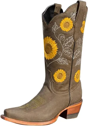 Gibobby Booties for Women Embroidered Boots Sunflower Print Mid Calf Chunky Heel Boots Western Cowgirl Boots Cowboy Boots