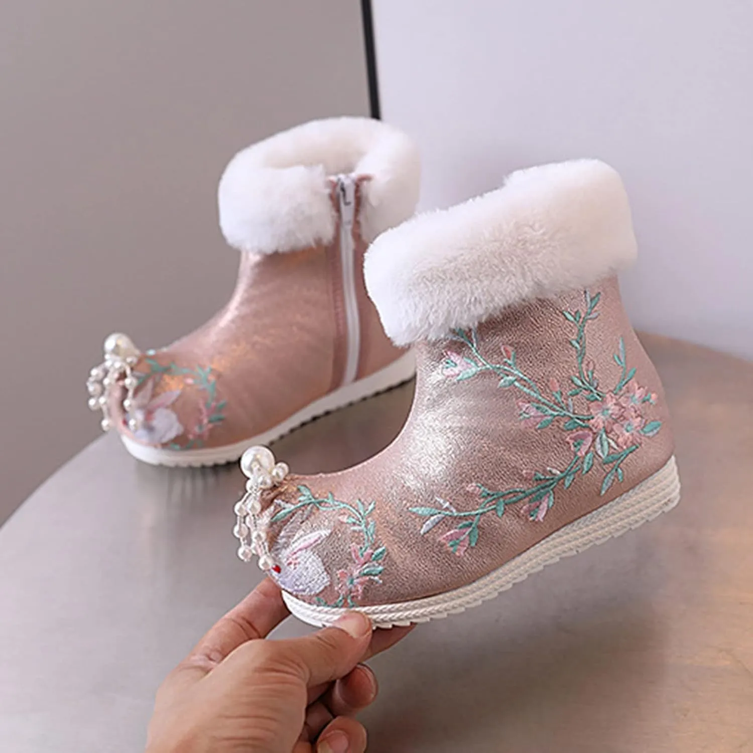 Girls Ankle Pearl Boots Warm Cotton Boots Embroidered Boots National Boots Princess Cotton Boots High Boots Size 6