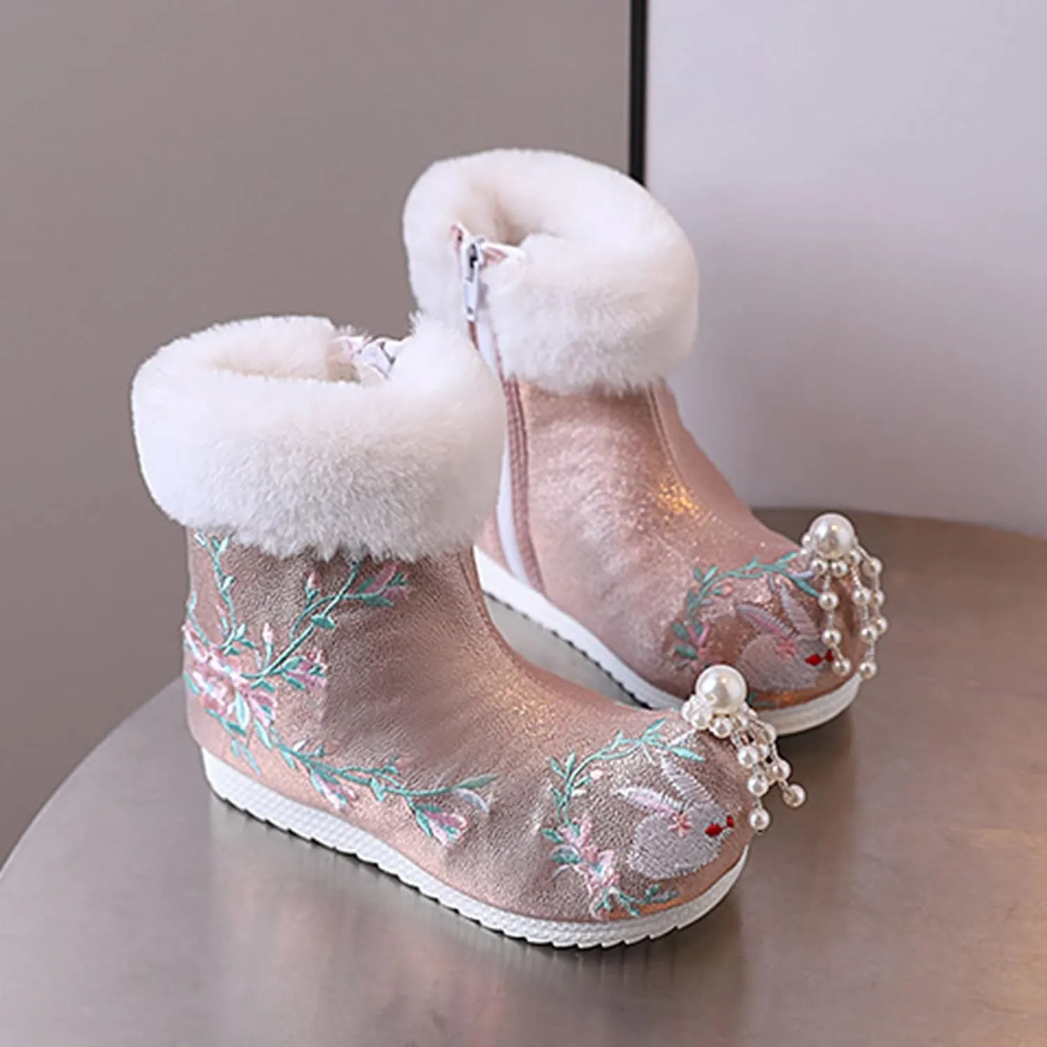 Girls Ankle Pearl Boots Warm Cotton Boots Embroidered Boots National Boots Princess Cotton Boots High Boots Size 6