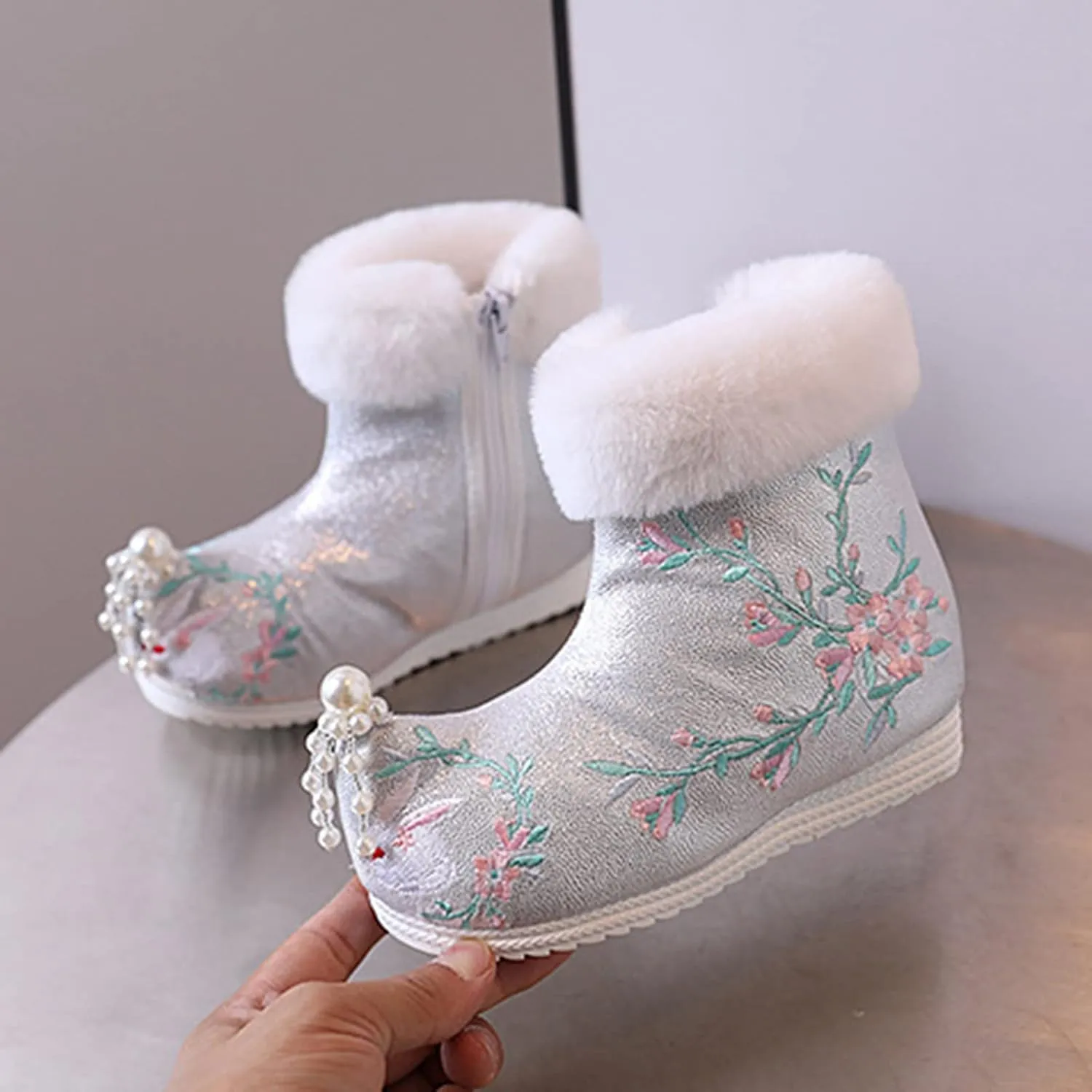 Girls Ankle Pearl Boots Warm Cotton Boots Embroidered Boots National Boots Princess Cotton Boots High Boots Size 6